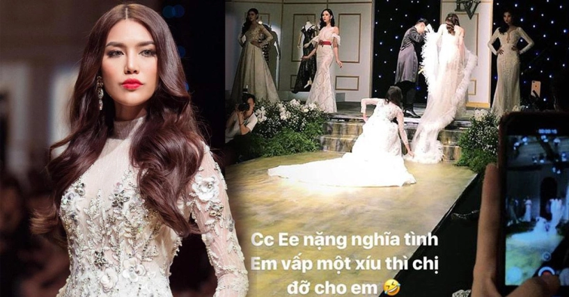 Kỳ duyên vấp váy trên sàn diễn lan khuê ngồi khuỵu xuống để chỉnh váy cho đàn em