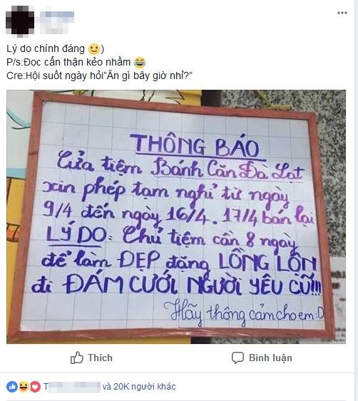 Lý do nghỉ bán bánh để làm đẹp chuẩn bị đám cưới người yêu cũ khiến dân mạng thích thú